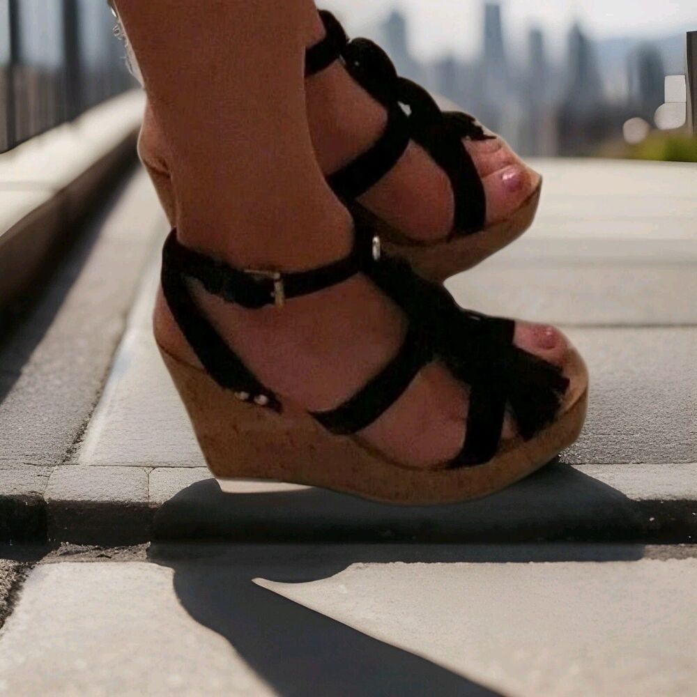 Guess Black Suede Tassel Cork Wedge Sandal Women 8.5  Gold Hardware  Flirty